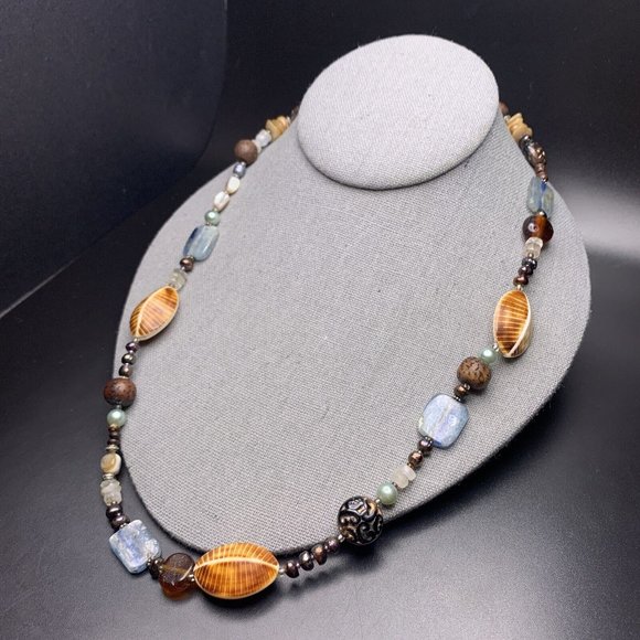 Beaded Necklace Gemstone Shell Glass Wooden Pearl Boho Copper Leaf Toggle - Picture 7 of 10